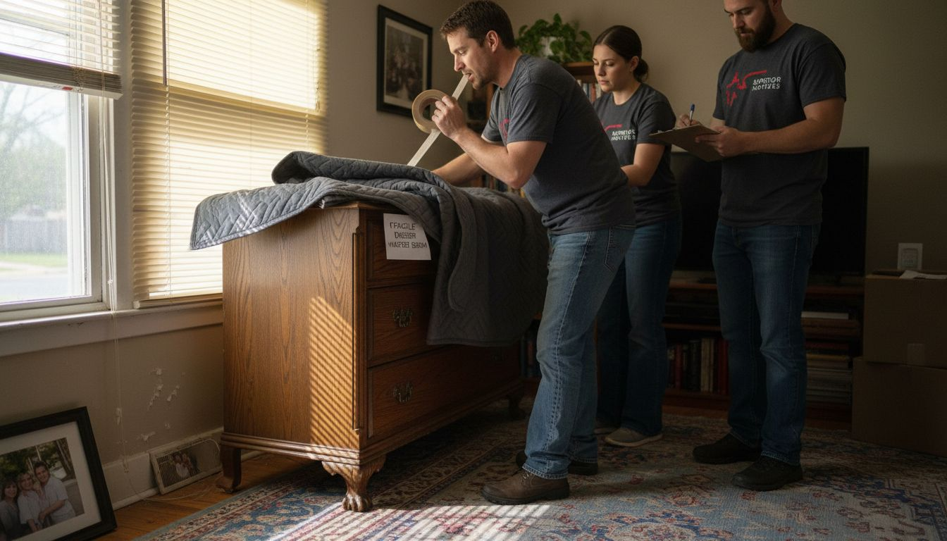 Movers packing antique dresser in living room