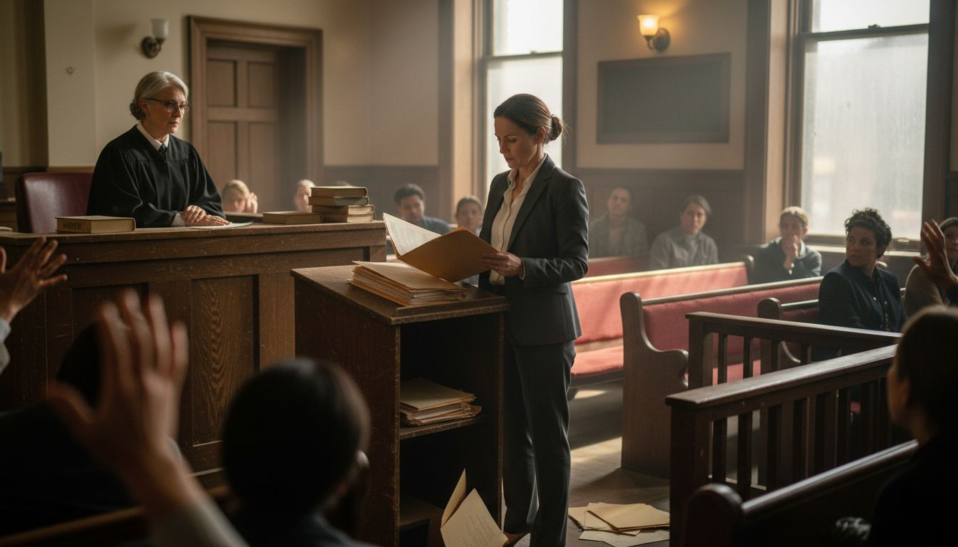 Attorney reviews case in courtroom with judge observing