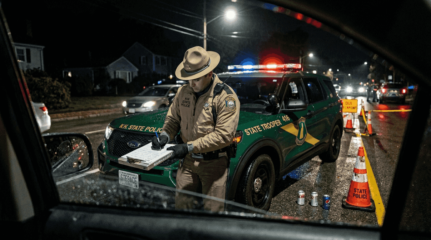 Officer at DUI checkpoint filling paperwork