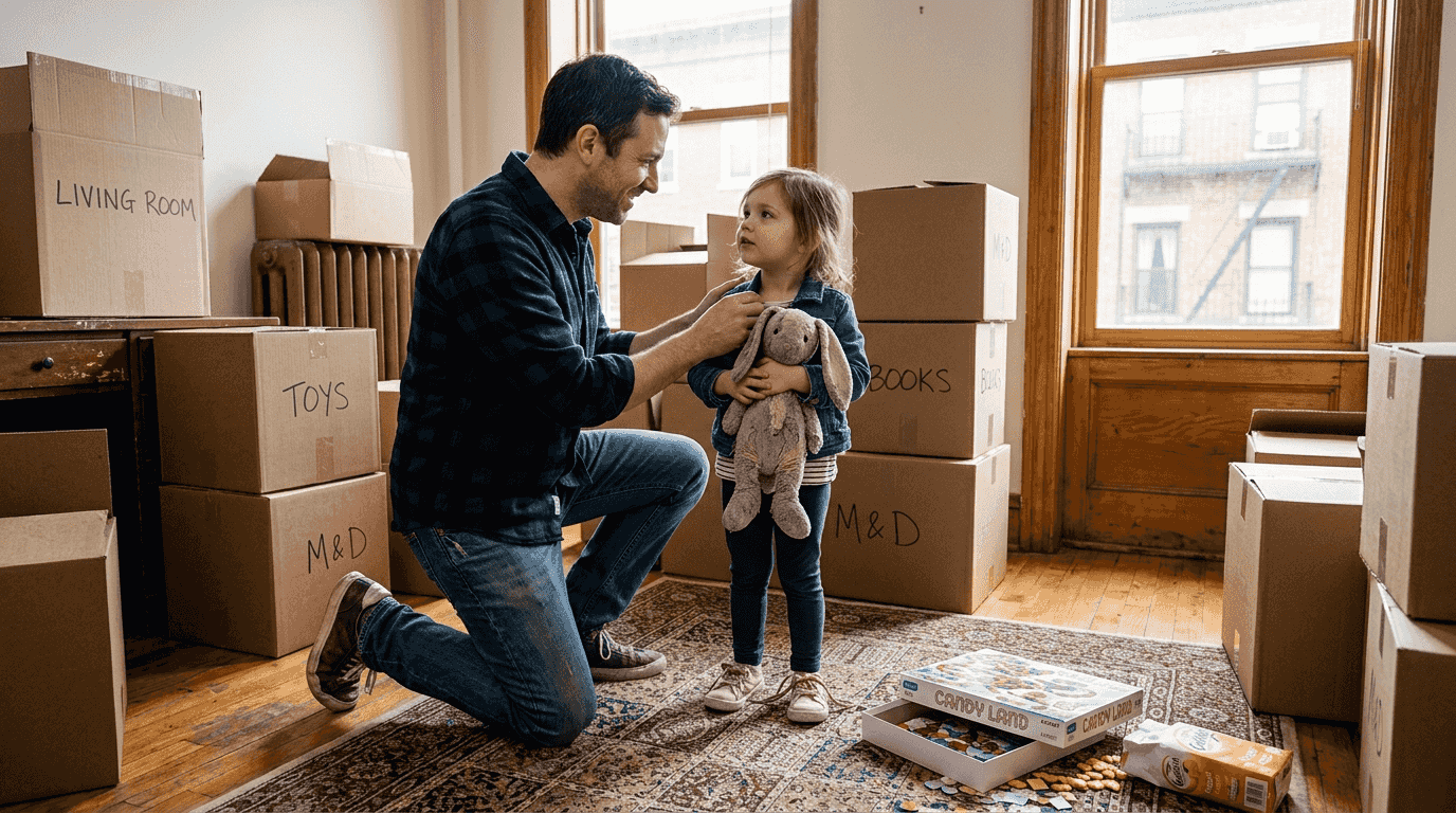 Parent supporting child on moving day