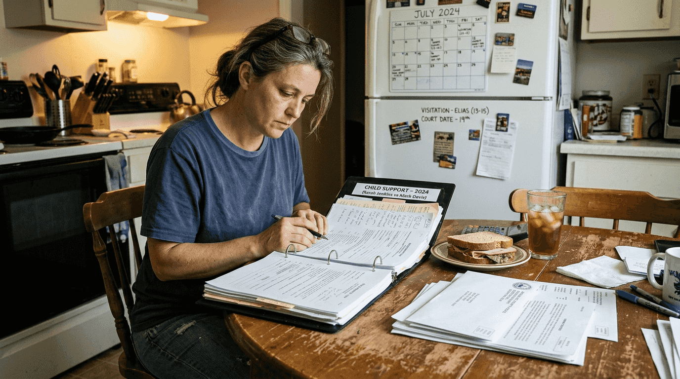 Parent organizing child support forms in kitchen