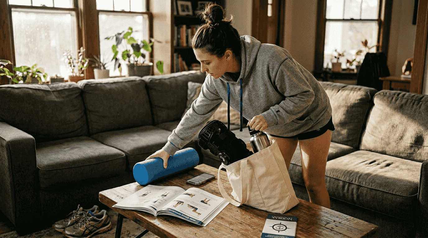 Athlete assembling rehab tools at home
