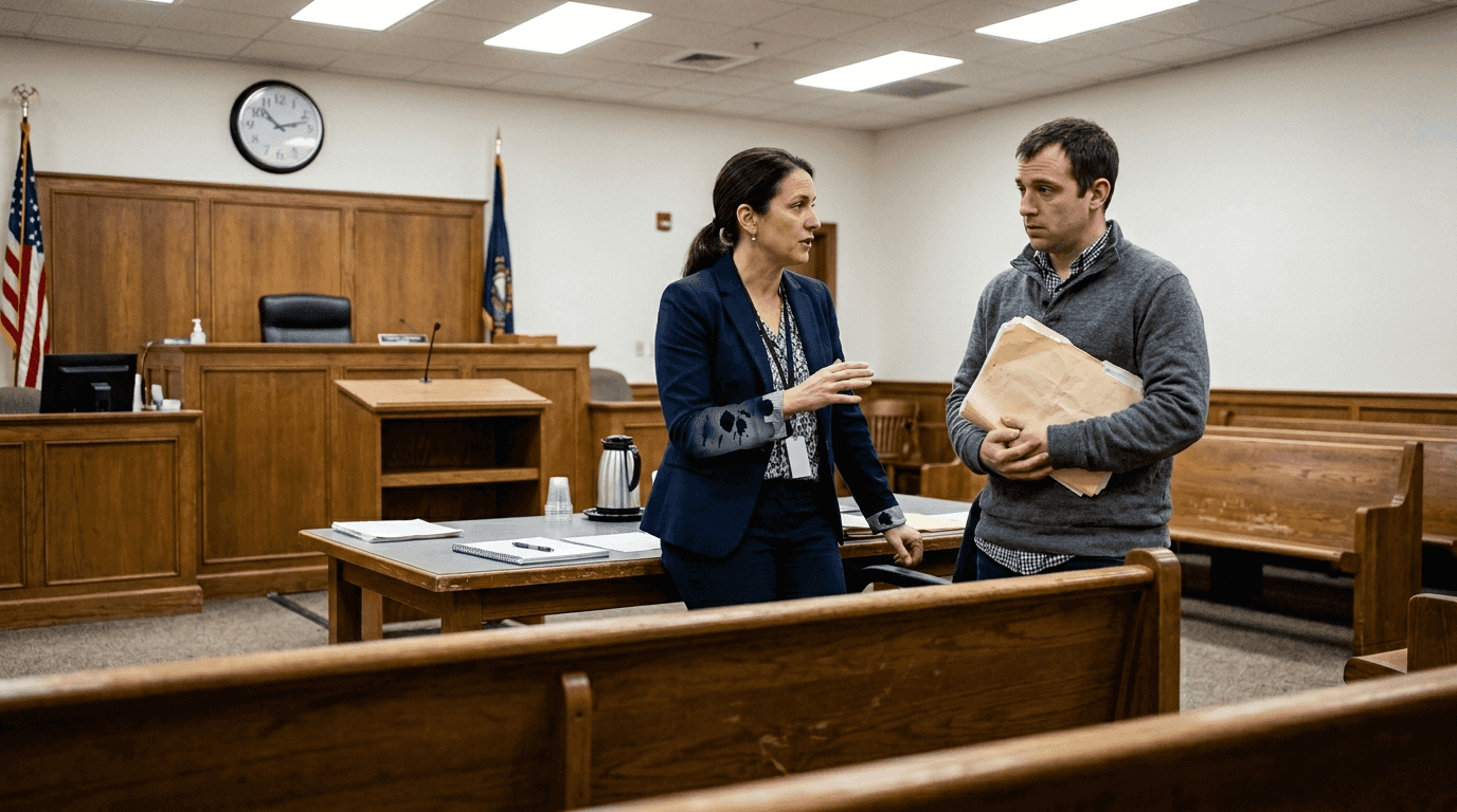 Attorney consulting client in NH courtroom