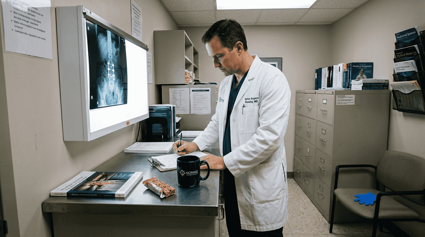 Spine surgeon reviewing spinal fusion x-ray