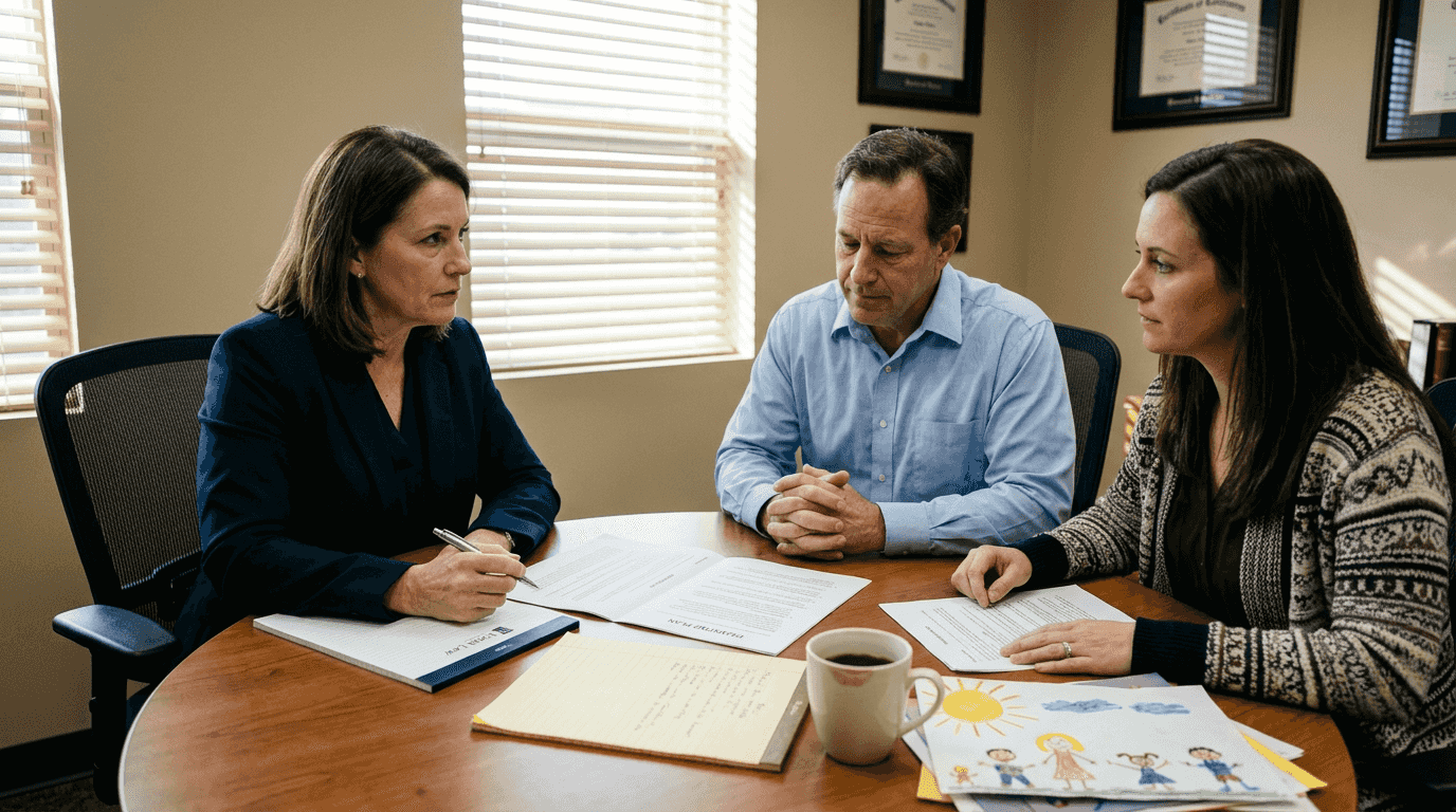 Mediator meeting with parents over parenting plan