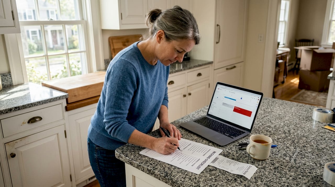 Woman checking moving timeline checklist at home