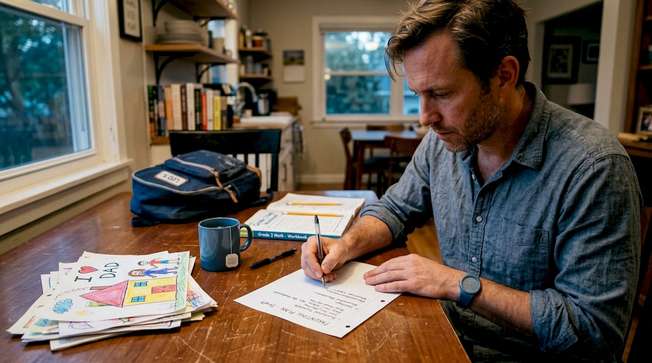 Father drafting a parenting plan at kitchen table