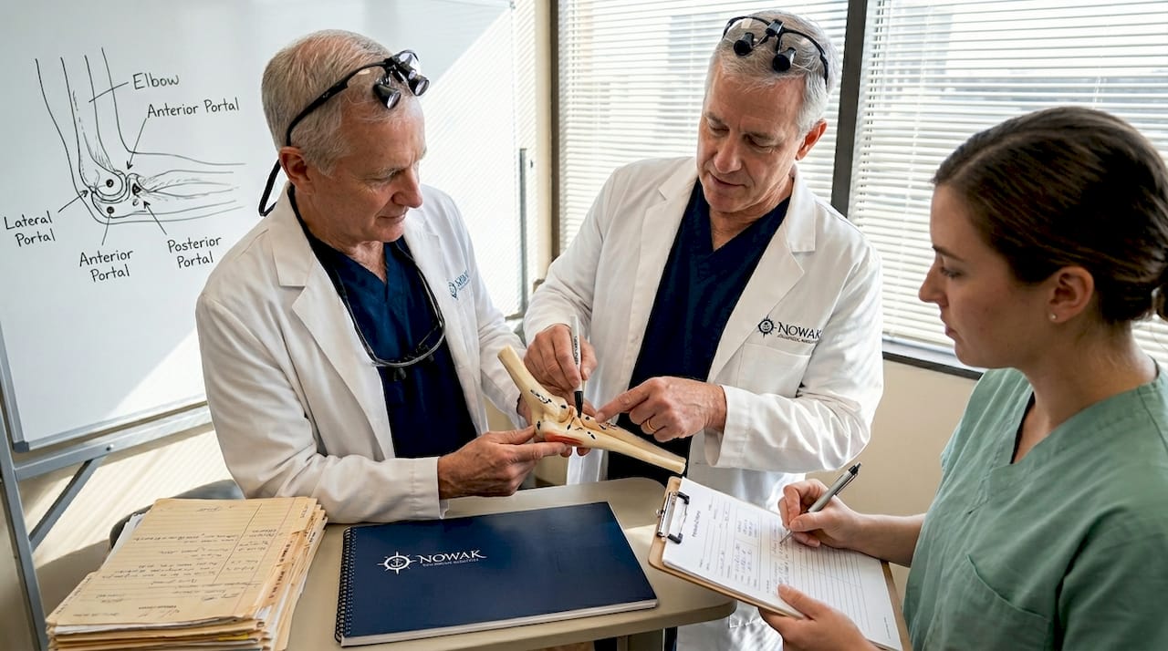 Demonstrating surgical portals on elbow model