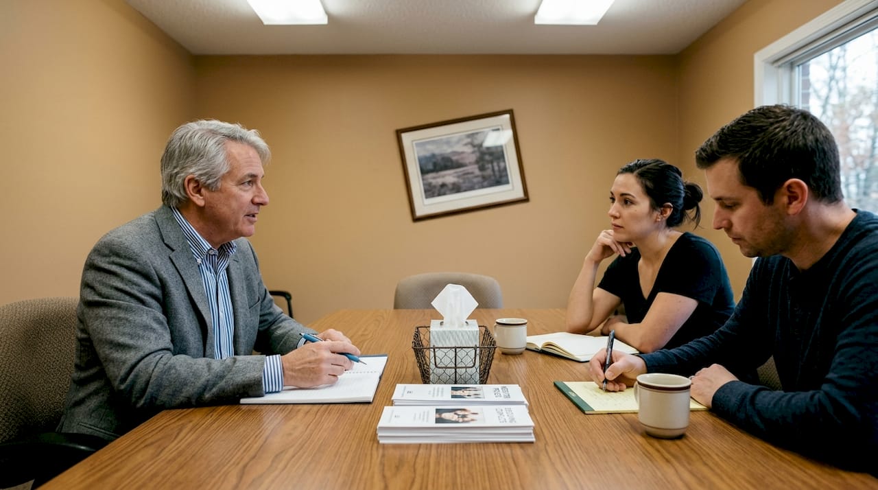 Couple and mediator discuss child custody agreement