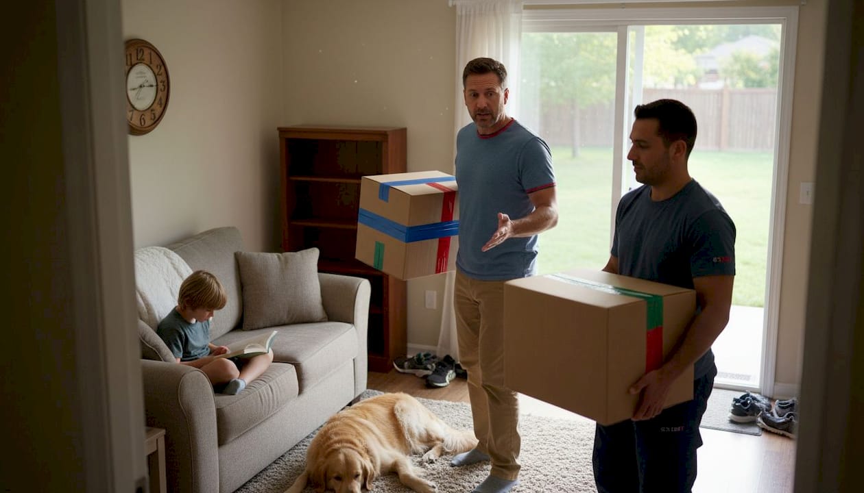 Family and movers coordinating on moving day