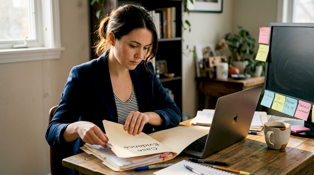 Defendant organizing evidence at home desk
