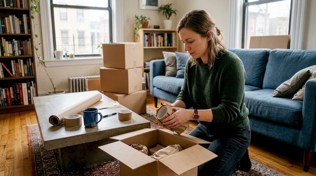 Woman packing glassware on living room floor
