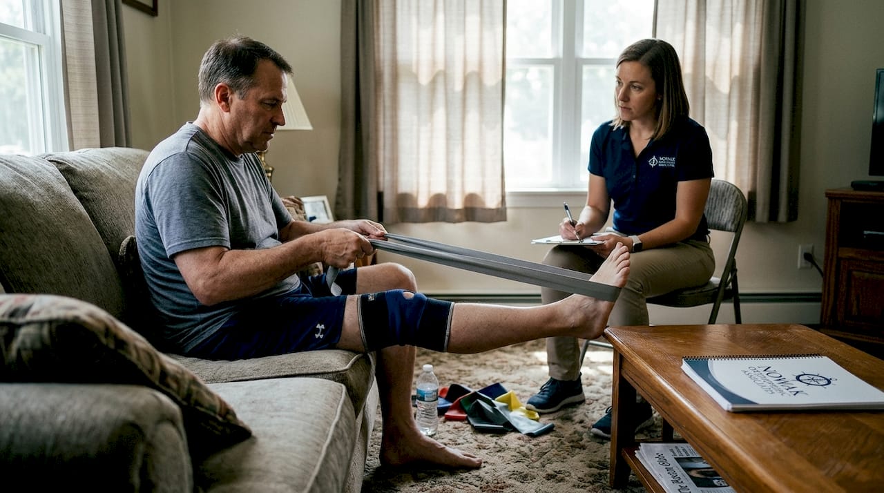 Patient doing knee rehabilitation exercise at home