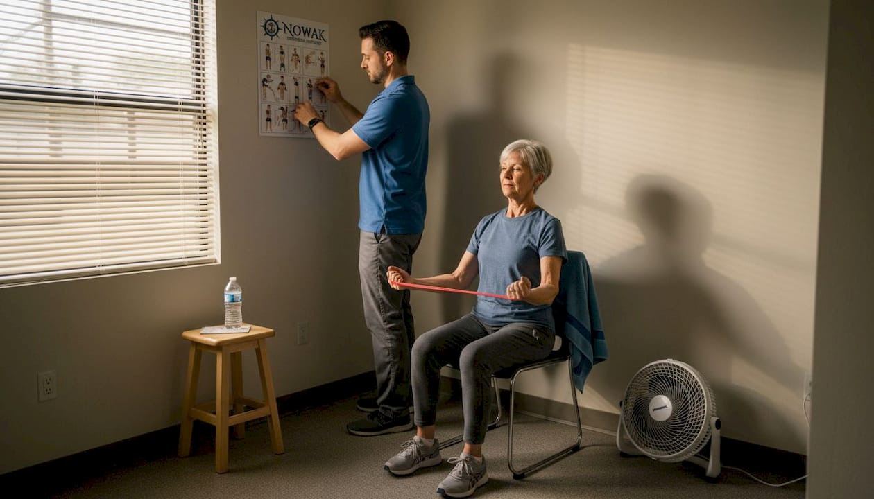 Physical therapist guides patient joint exercise