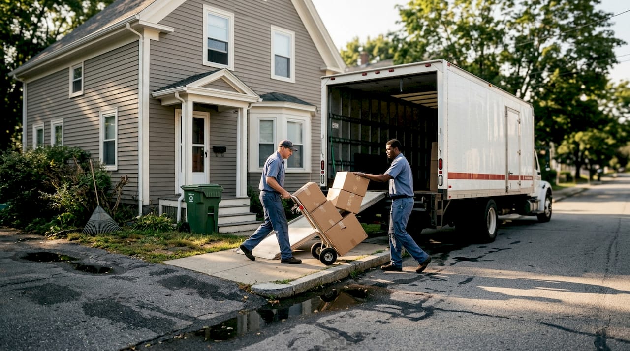 Moving truck and movers loading household boxes