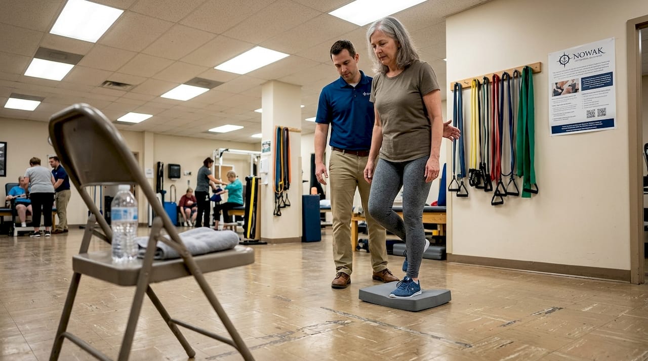 Physical therapist guides patient knee exercise