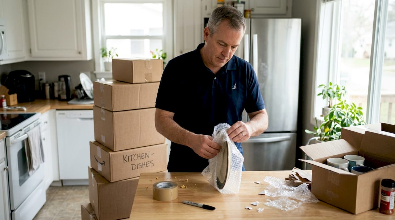 Mover wraps dishes with bubble wrap kitchen
