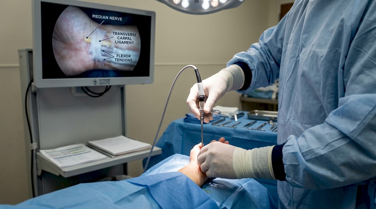 Close-up endoscopic hand surgery in operating room