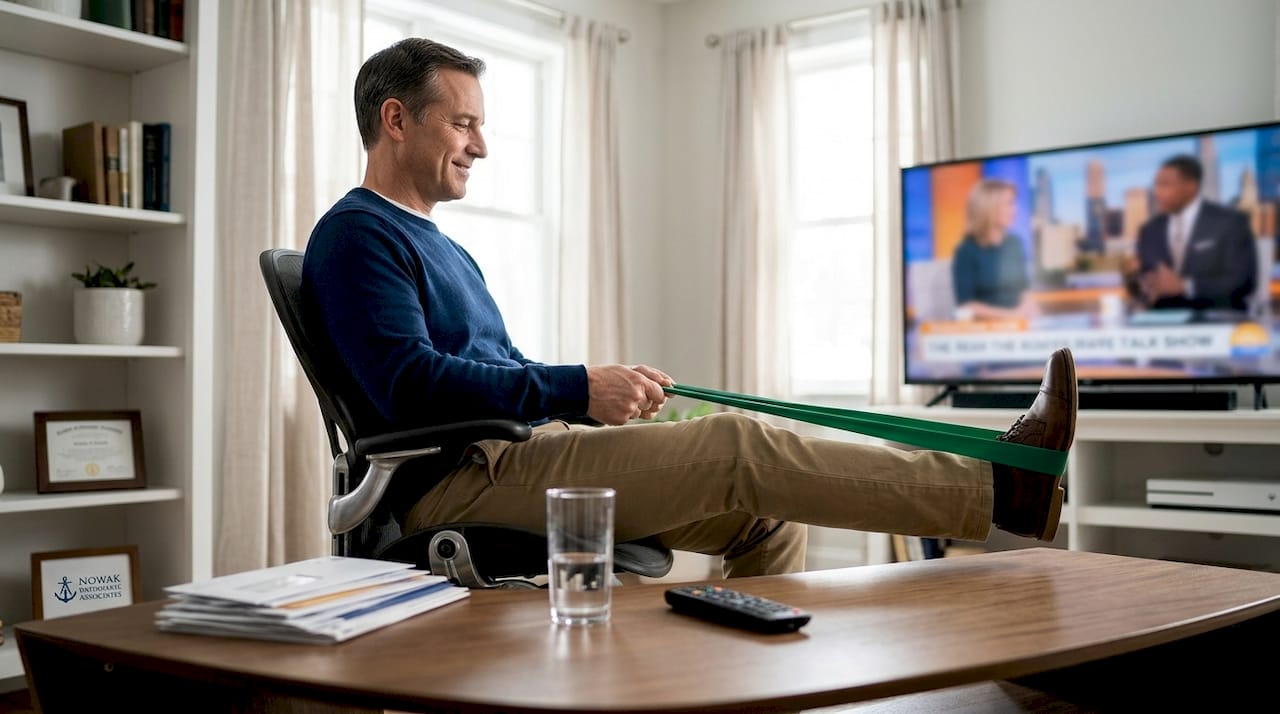 Man stretching with resistance band at home