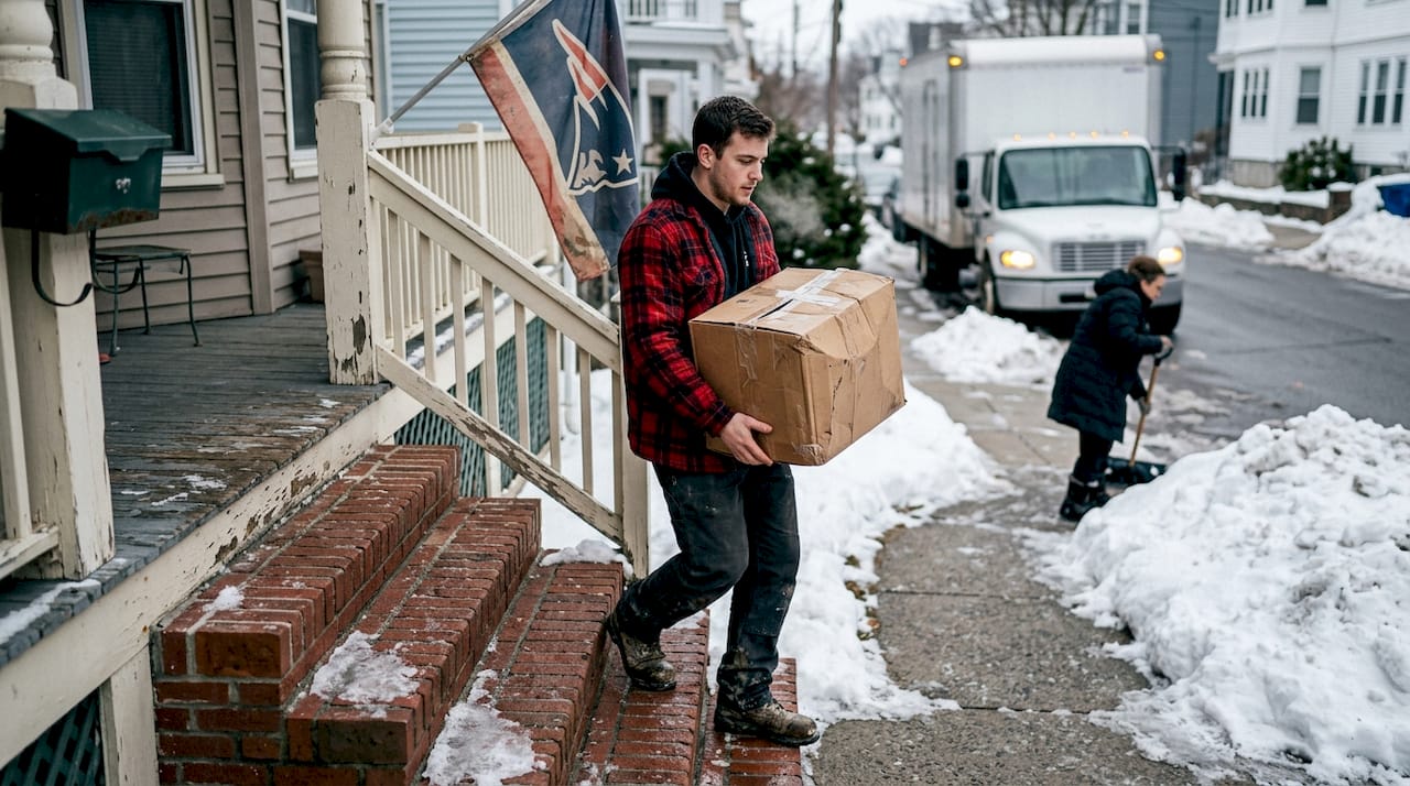 Mover carrying box on snowy New England street