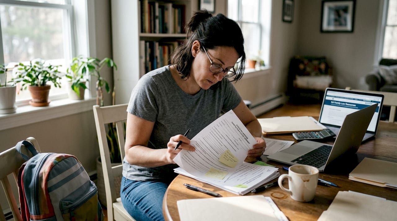 Parent reviewing custody paperwork at home