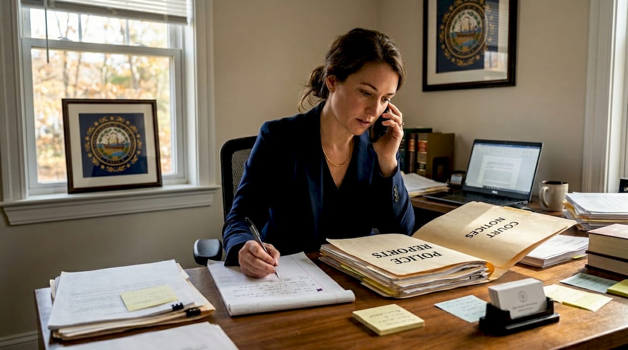 Lawyer reviews documents in New Hampshire office