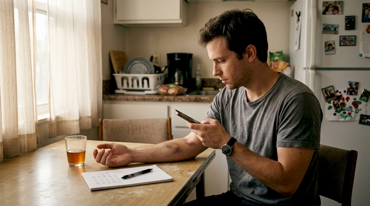 Man documenting evidence in kitchen for legal case