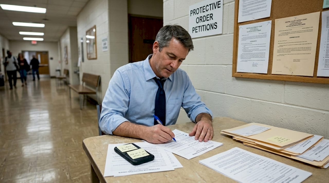 Man filling out protective order forms at courthouse