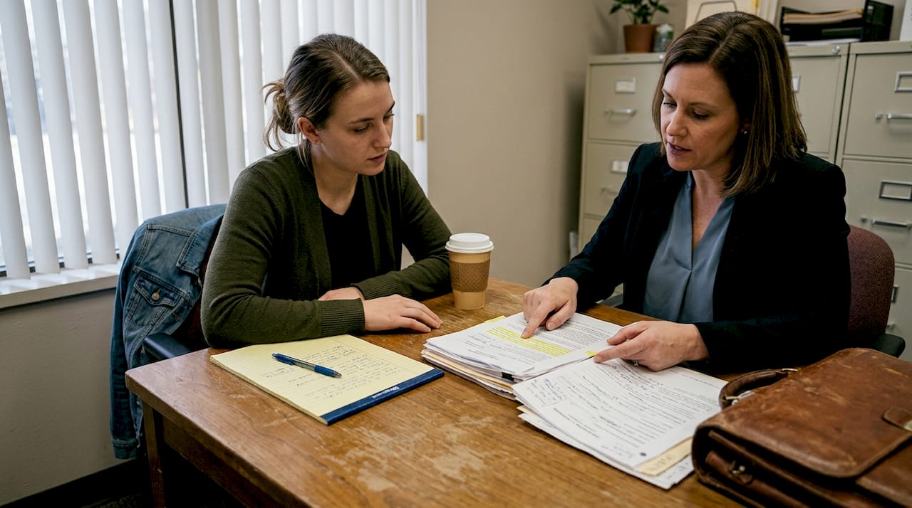 Attorney and client reviewing plea paperwork