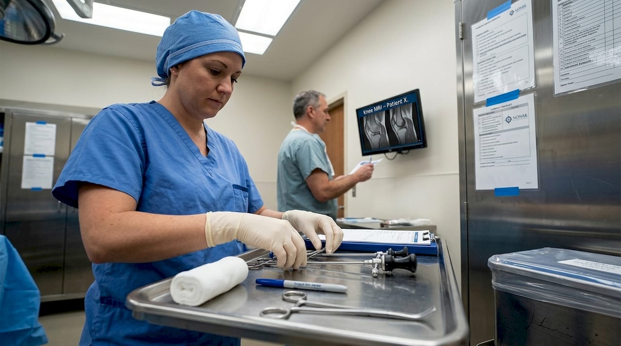 Surgical nurse preparing arthroscopy tools