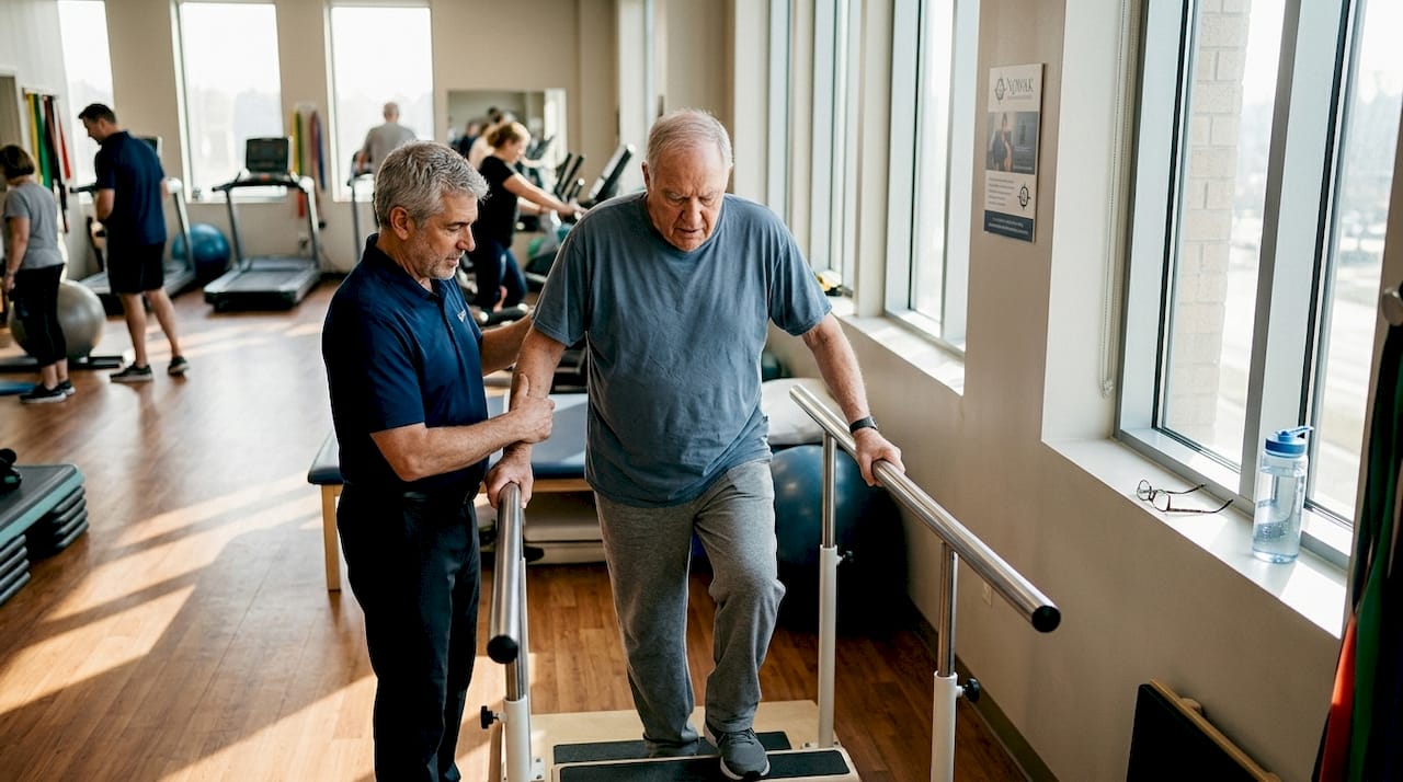 Physical therapist assists patient during rehab