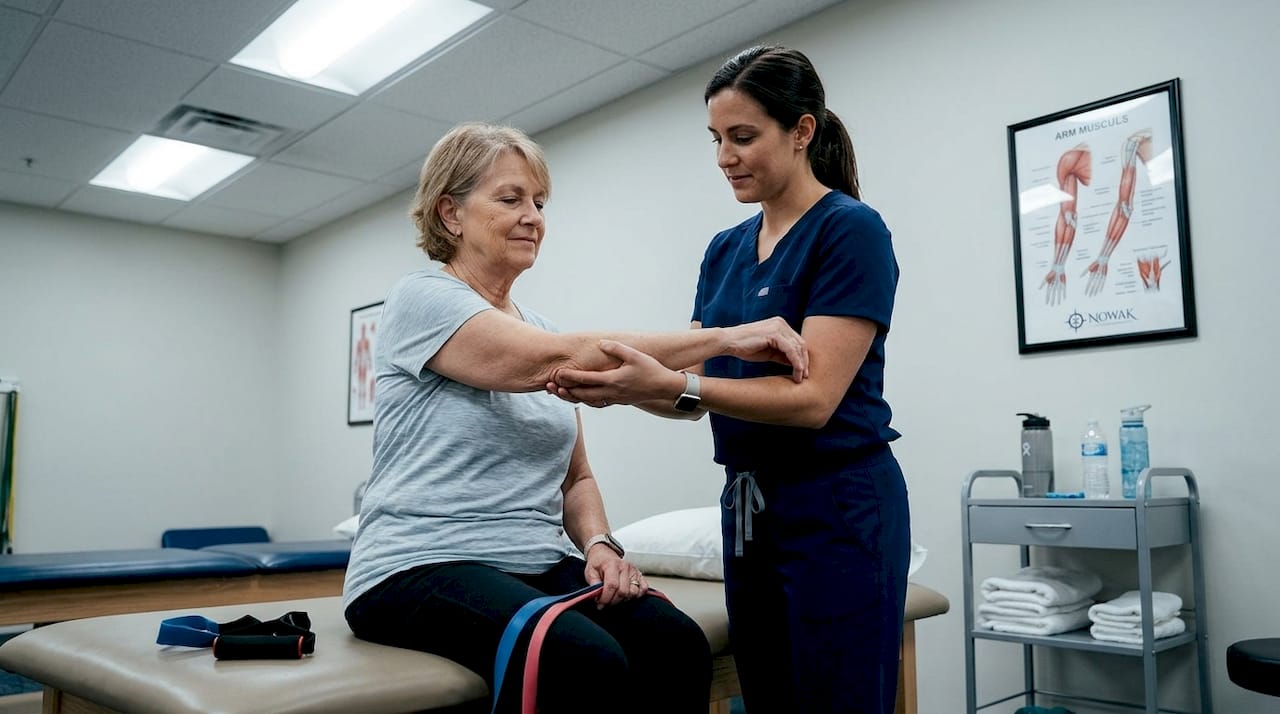 Physical therapist assists with elbow recovery