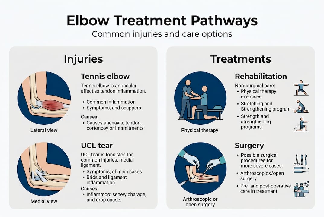 Infographic of elbow injuries and treatments