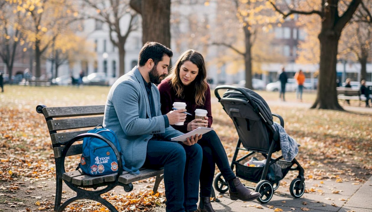 Co-parents meeting on park bench with backpack