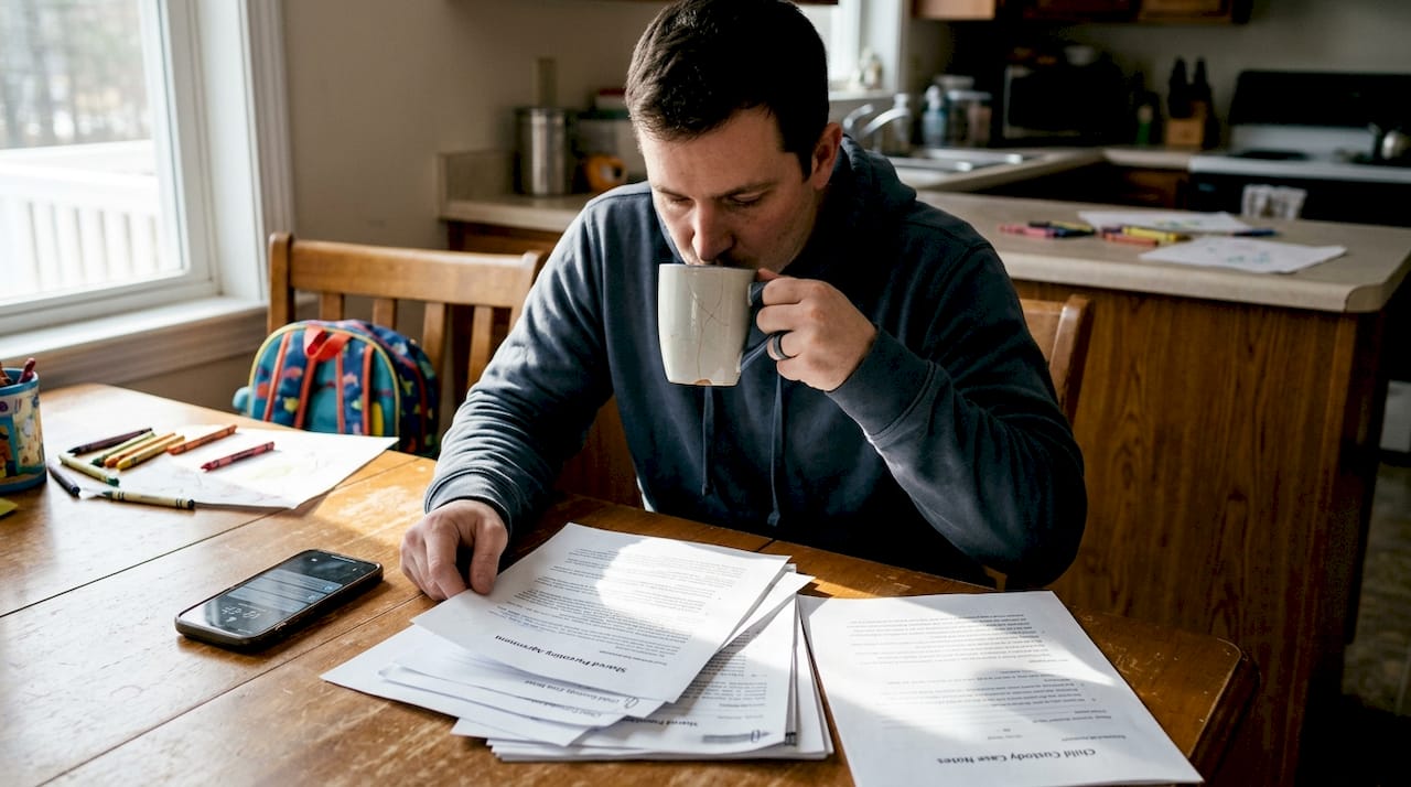 Parent reviewing custody papers at kitchen table