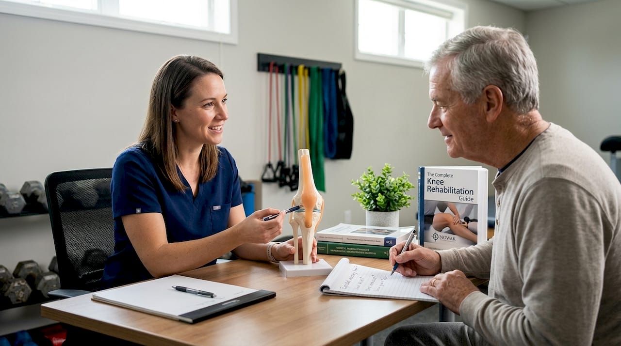 Therapist explains knee arthritis options to patient