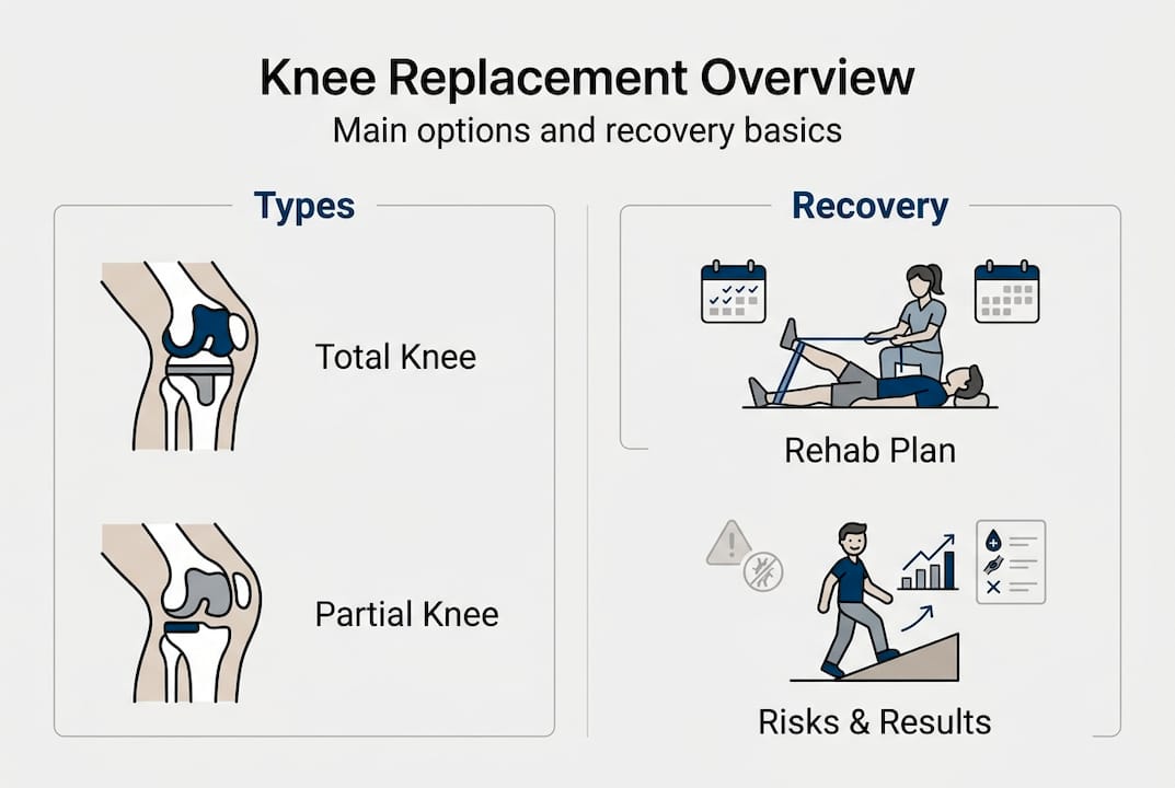 Infographic summarizing knee replacement types and recovery