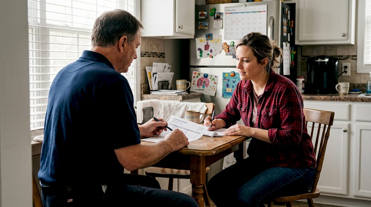 Mover and client reviewing paperwork at kitchen table