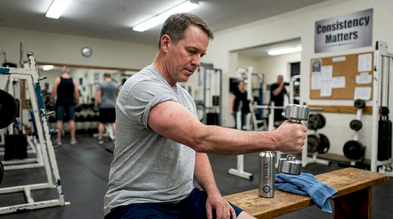 Man doing elbow rehab exercise in gym
