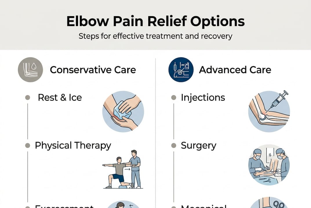 Infographic on elbow pain relief treatment steps