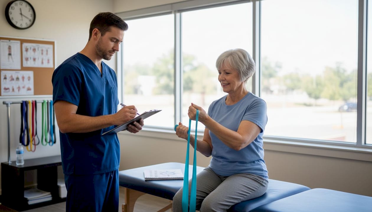 Patient doing elbow rehab with therapist watching