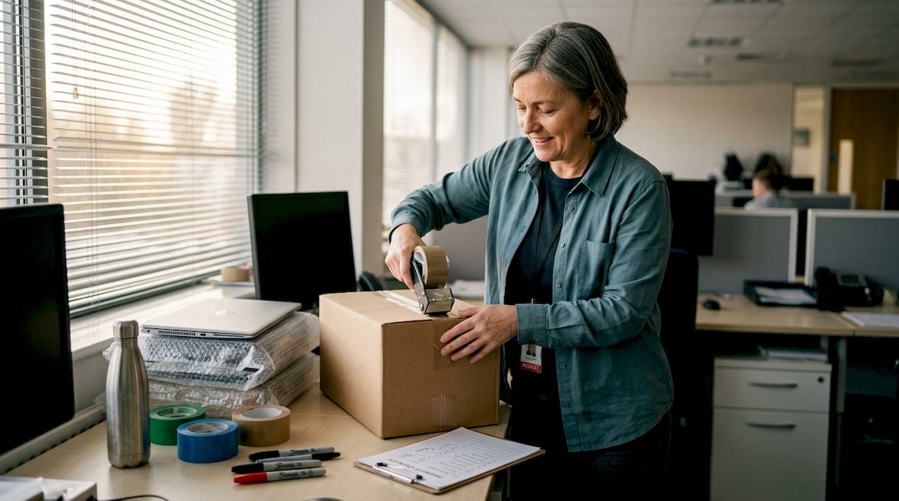 Manager packing office equipment carefully