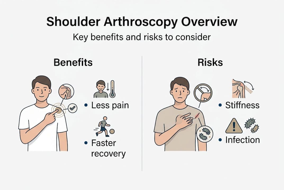 Infographic summarizing shoulder arthroscopy risks and benefits