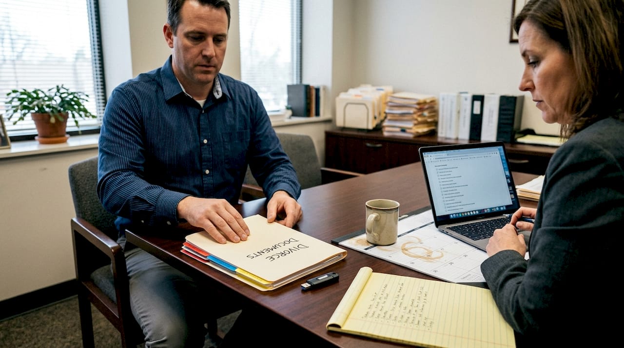 Client meeting with attorney, organizing documents