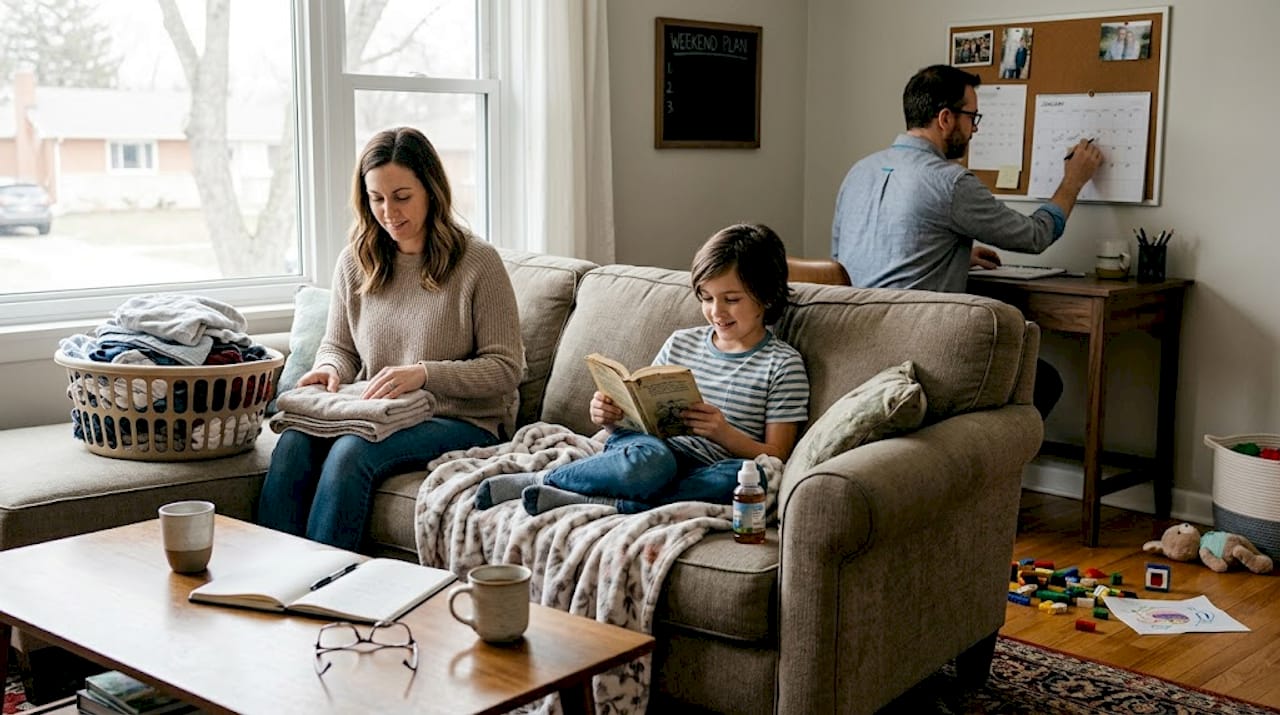 Family routine with child and parents at home