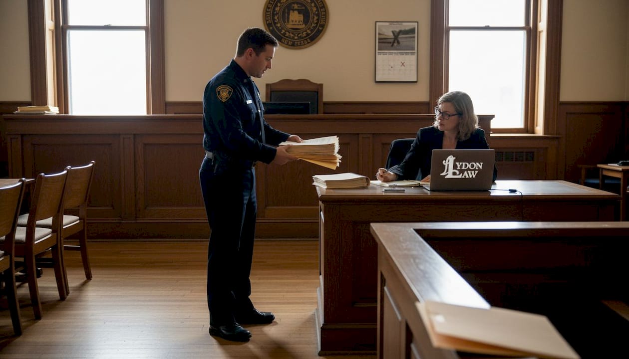 Court officer gives paperwork to clerk in hearing