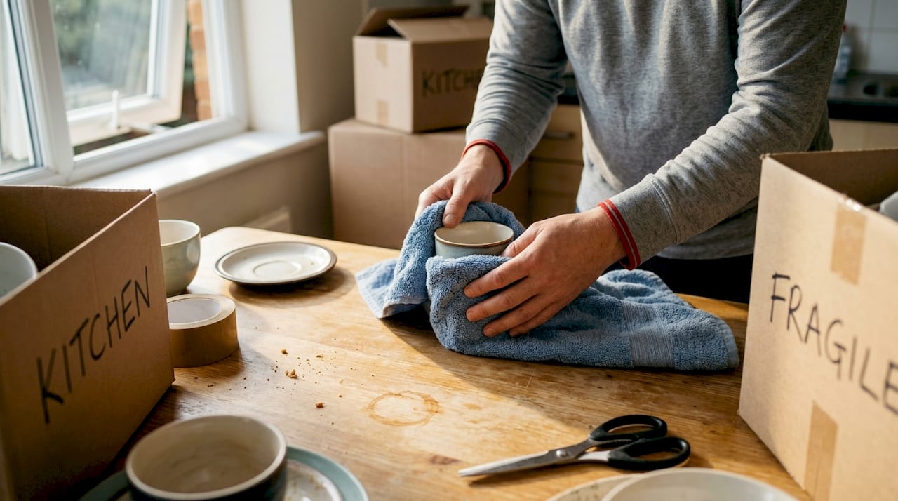 Hands wrapping mug with towel for packing