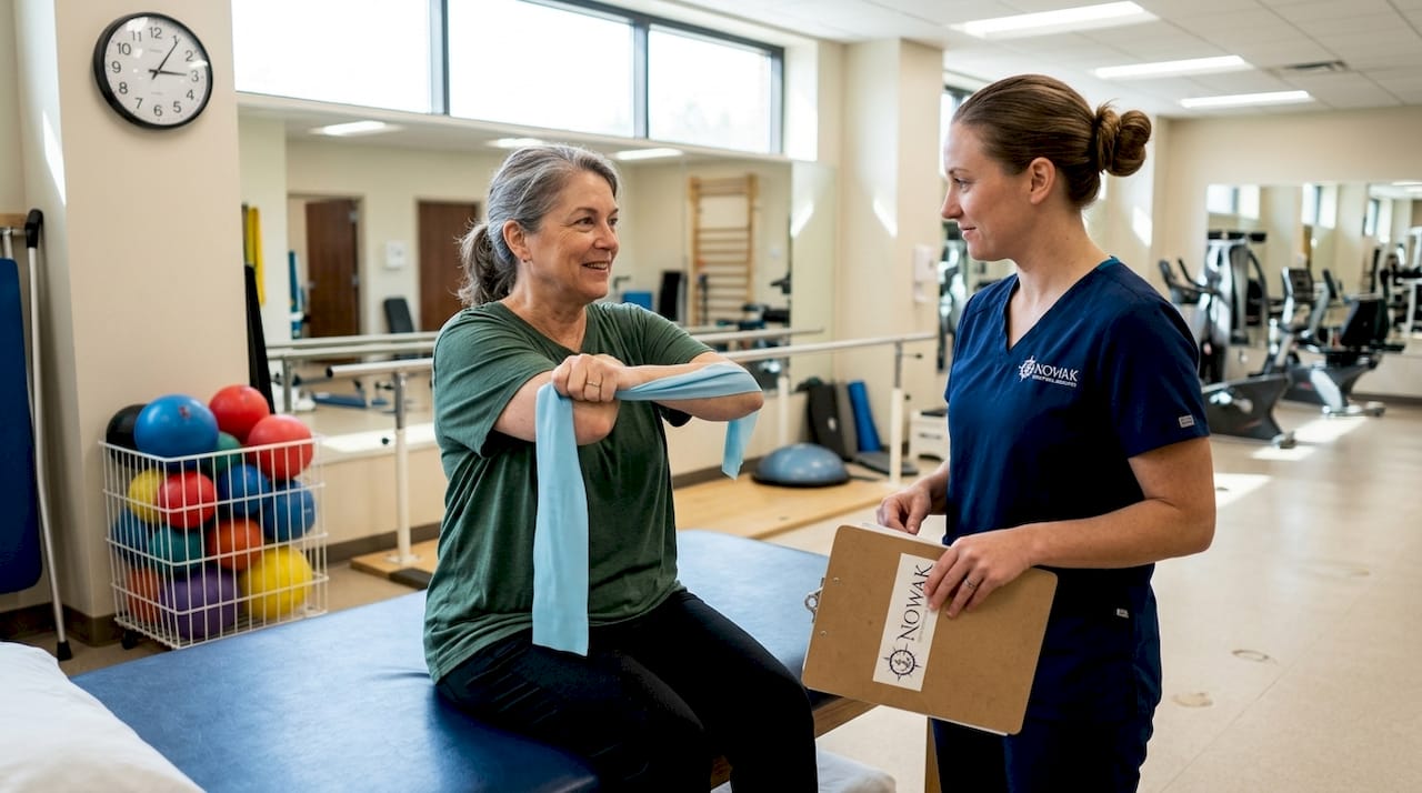 Woman doing elbow rehab with therapist