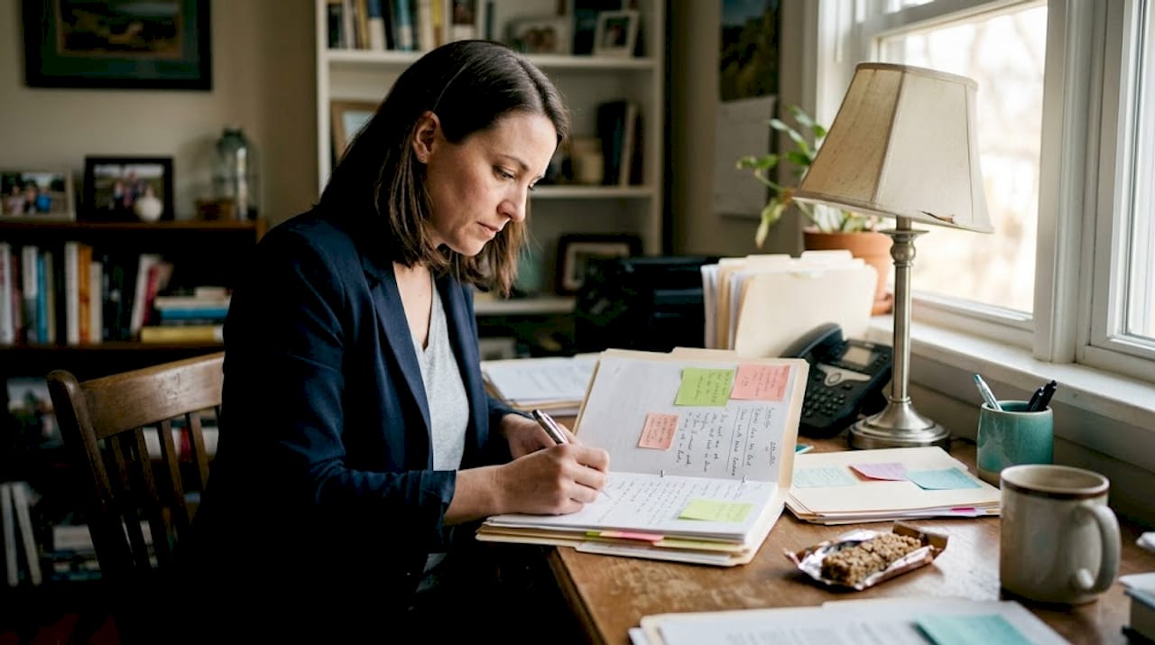 Woman reviewing legal forms at home desk