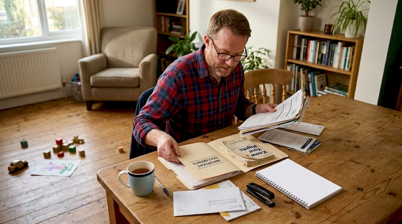Man organizing legal documents at home